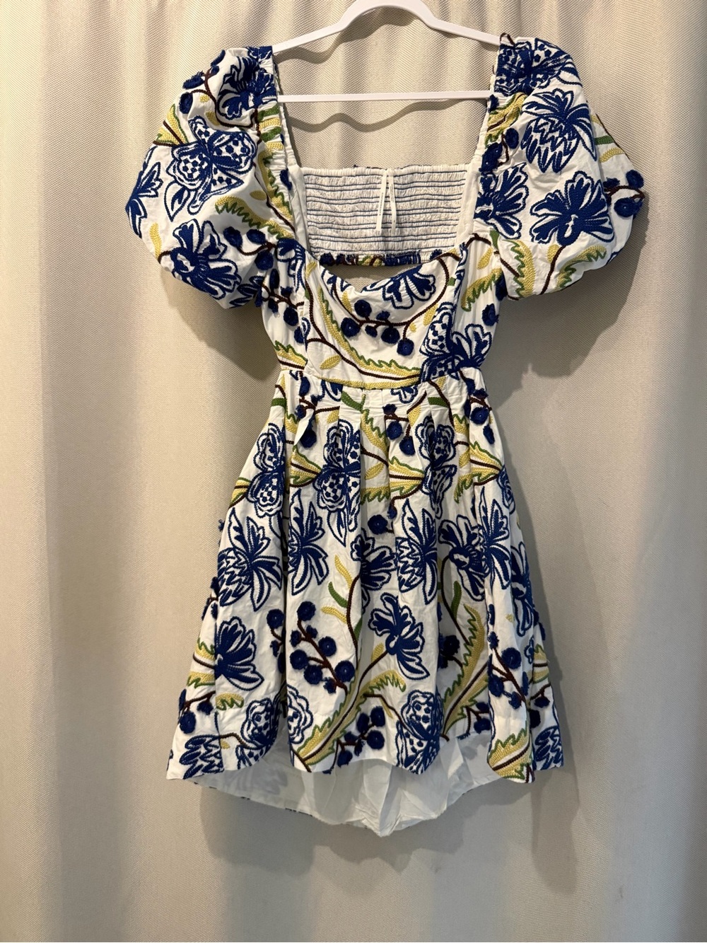 Anthropologie Embroidered Puff Sleeve Cutout Mini Dress White Blue XL Boho - Picture 4 of 9